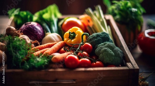 Assortment of fresh vegetables. Wooden boxes full of healthy food. AI generated
