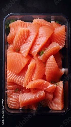  Fresh raw salmon fish fillet in plastic container on black background, top view. AI generated