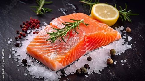 Fresh raw salmon fish fillet with salt, spices, herbs and lemon on black background, top view. AI generated