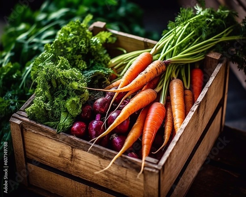 Garden produce and harvested vegetable. Fresh farm vegetables in wooden box. Carrots and beets. AI generated
