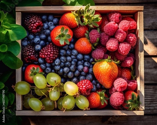 Fresh ripe fruits and berries in wooden box on garden background. Harvest with ai generation