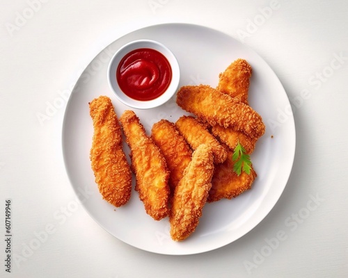Top view of  delicious chicken nagets with ketchup on plate and wooden table. Top view. AI generated