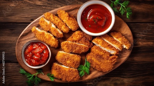 Top view of  delicious chicken nagets with ketchup, served on  wooden board. Top view. AI generated photo