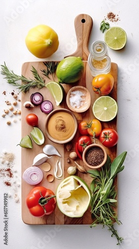 Assorted vegetables, spices, oil and herbs on wooden cutting board. Top view. AI generated
