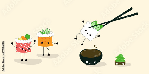 Stack of cute sushi, soy sauce, wasabi sauce kawaii style with smiley faces, sushi stickers. Japanese Traditional Cuisine Dishes