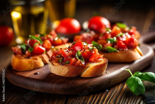 Mouthwatering bruschetta, topped with vibrant tomatoes, basil, and drizzled with olive oil, served on a rustic wooden board against a backdrop of a sandy beach and azure waters. Generative AI