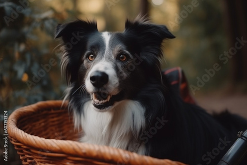 Happy dog in bicycle basket have ride together with owner. Generative AI