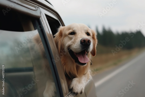 Happy dog travel in car. Family road trip concept. Generative AI