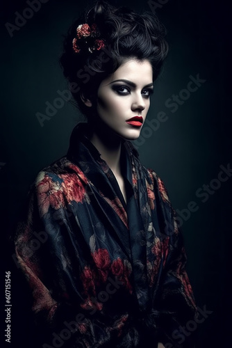 Woman with red lips and a satin robe with flowers on dark background. Generative AI