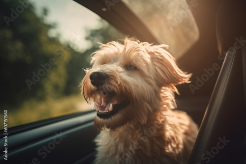 Happy dog travel in car. Family road trip concept. Generative AI © marcin jucha