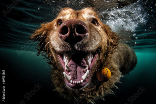 Dog diving into water to catch ball. Underwater action closeup view. Generative AI © marcin jucha
