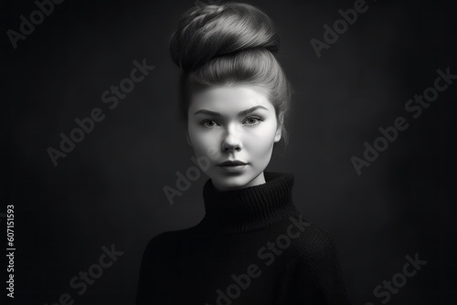 Woman with black turtleneck sweater on black background. Generative AI