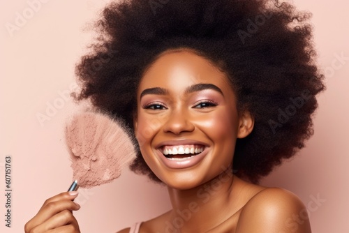 beautiful black girl touching a makeup brush while smiling and holding powder makeup over pink background, ai generative photo