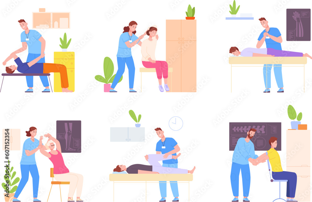 Osteopath treatment. Osteopathic massage, chiropractic physiotherapy or manual therapy adjustment and rehabilitation neck spine stabilise manipulation, splendid vector illustration