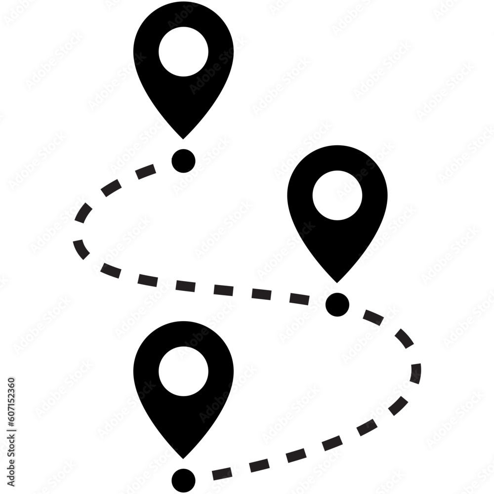 Black single path with 3 location pins icon, simple tracking flat ...