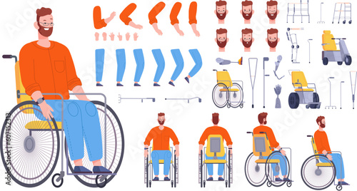 Disabled man constructor. Handicapped character creation animation, cartoon disability man on wheelchair or crutch, face expressive person construction splendid vector illustration
