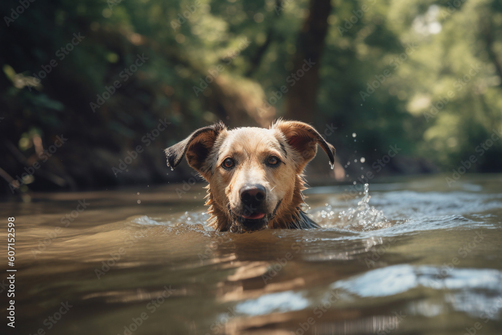 Active and happy dog swimming in the river. Generative AI Active and happy dog swimming in the river. Generative AI