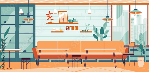 Cafe interior inside. Empty restaurant, nobody cafeteria or coffee shop house, bistro bar modern furniture lounge loft decor interiors windows and wall, canteen vector illustration