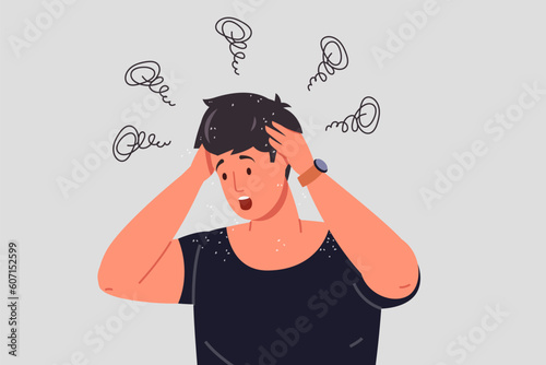 Itchy head. Nervous man scratching scalp of hands, dandruff in messed hair or clothing, worry guy with dry itching skin dermatitis infestation psoriasis problem vector illustration