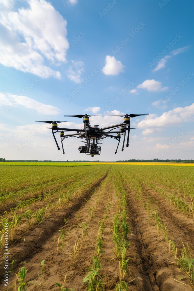Future farming, drones working on crop fields. Generative Ai Future farming, drones working on crop fields. Generative Ai