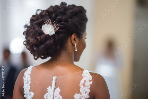 An African American Bride Stands With Her Back, Wedding Hairstyle with Flowers for Black Women: AI Generated Image