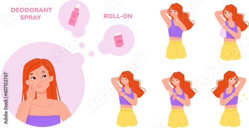 Woman body deodorant. Women apply deodorizer spray antiperspirant roll on for sweaty bad odor armpit, smelling and clean fresh fragrance underarm care hygiene vector illustration