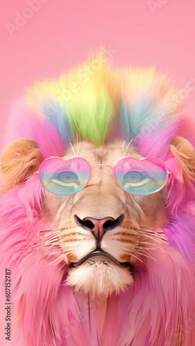 a pink lion with glasses on a rainbow background, a symbol of pride