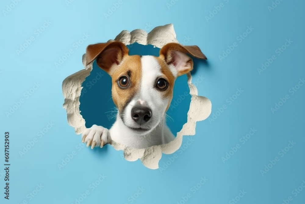 Cute jack rassel puppy dog peeking out of a hole in the wall, blue ...