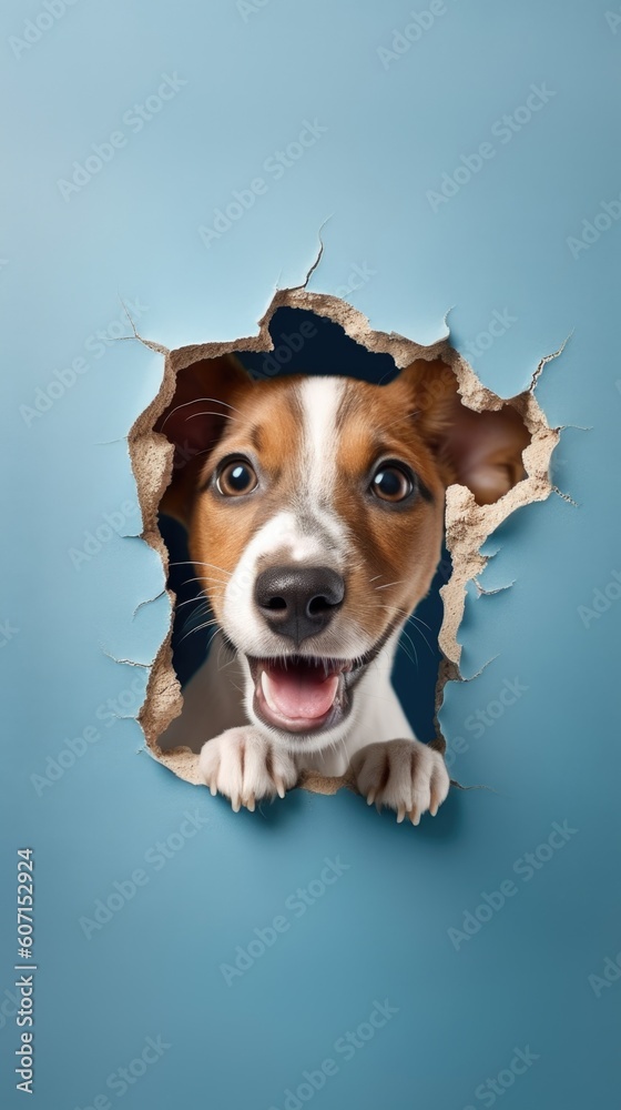 Cute jack rassel puppy dog peeking out of a hole in the wall, blue ...
