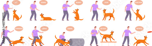 Dog training command. Owner teach puppy obey active commands, pet behavior canine language hand gesture sit up follow waiting train obedient exercise, vector illustration