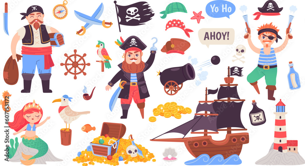 Pirate adventure collection. Doodle pirates cute sticker, marine set kid piracy ship decor child piratin theme, sea treasure mermaid ocean sailing, ingenious vector illustration - obrazy, fototapety, plakaty 