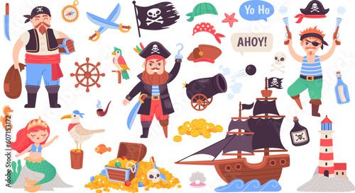 Pirate adventure collection. Doodle pirates cute sticker, marine set kid piracy ship decor child piratin theme, sea treasure mermaid ocean sailing, ingenious vector illustration