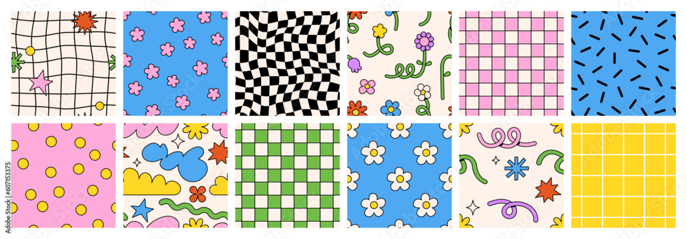 Cute cartoon flower and vase seamless pattern set. Daisy floral organic form and other elements in trendy playful cartoon style. Vector chessboard and abstract background.