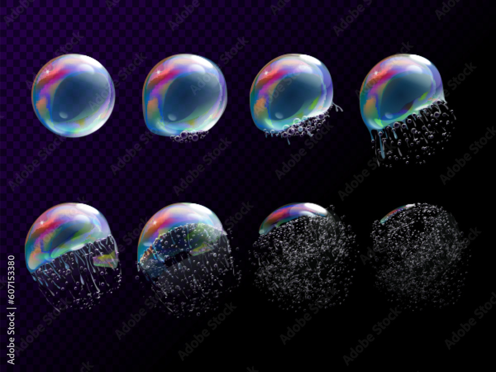 Realistic bubble burst. Animation explosion 3d soap bubbles, explode water sphere sequence, rainbow reflection water drop stage splash break transparent exact vector illustration