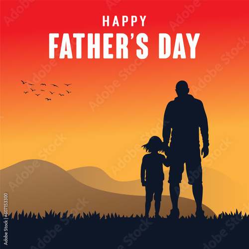 Happy fathers day, dad and son beautiful silhouette sunset scene poster design. © Pobitro