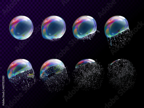 Realistic bubble burst. Animation explosion 3d soap bubbles, explode water sphere sequence, rainbow reflection water drop stage splash break transparent exact vector illustration