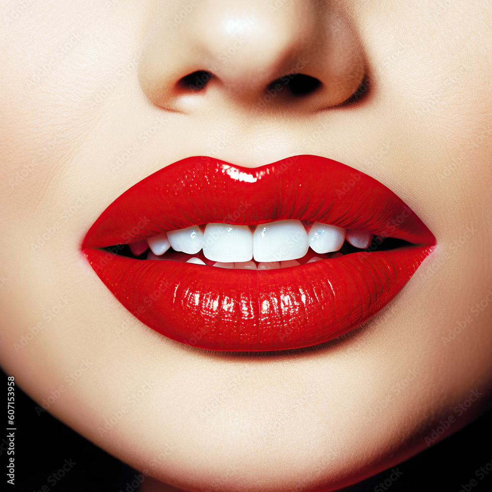 Sexy Red Lips close up. Beautiful Perfect Makeup with white teeth. Beautiful red Lip Gloss. Cosmetic.mouth open, big lips. Cosmetic beauty procedures, generative ai