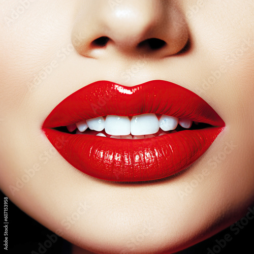 Sexy Red Lips close up. Beautiful Perfect Makeup with white teeth. Beautiful red Lip Gloss. Cosmetic.mouth open, big lips. Cosmetic beauty procedures, generative ai