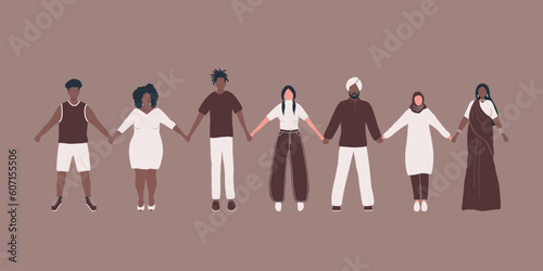 People holding hands. Diverse group of people. Stronger together concept. Solidarity of different men and women. Human silhouettes of different races, different ages. Vector illustration in brown