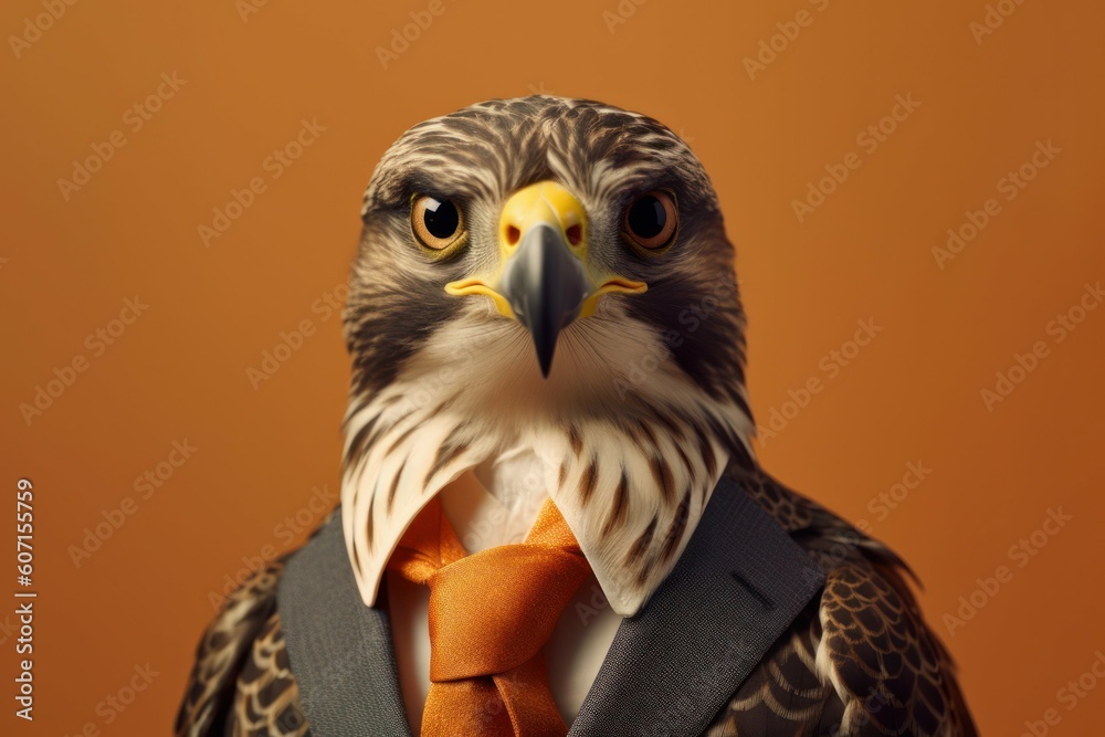Anthropomorphic falcon dressed in a suit like a businessman. Business Concept. AI generated, human enhanced. Anthropomorphic falcon dressed in a suit like a businessman. Business Concept. AI generated, human enhanced.