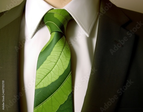 Tie with the image of greenery or a leaf. Green energy business concept. AI generated, human enhanced.