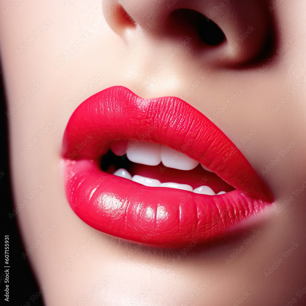 Fototapeta premium Close up of woman's natural lips with bright fashion pink glossy makeup. Macro photography of beautiful female mouth. generative ai