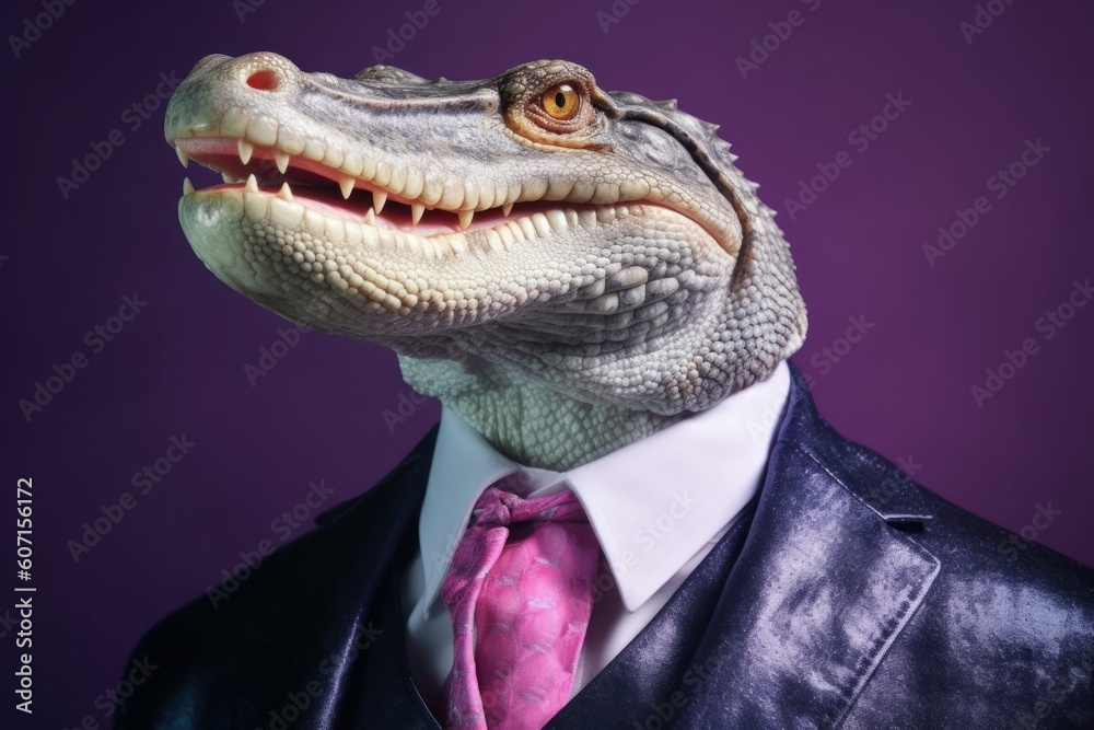 Anthropomorphic crocodile dressed in a suit like a businessman. business concept. AI generated, human enhanced Anthropomorphic crocodile dressed in a suit like a businessman. business concept. AI generated, human enhanced