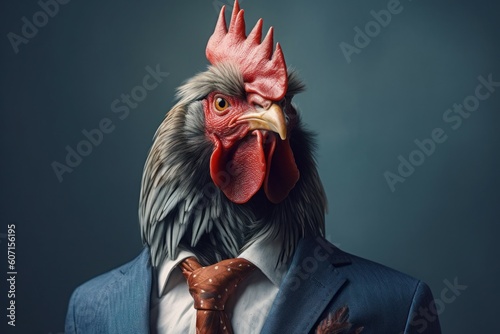 Anthropomorphic rooster dressed in a suit like a businessman. Business Concept. AI generated, human enhanced