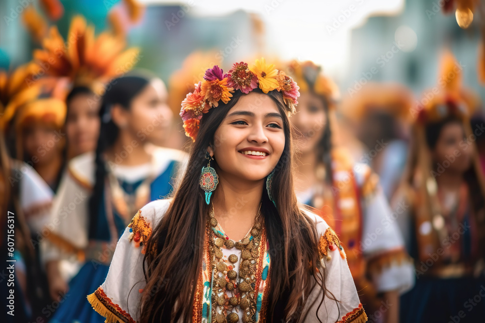 A woman with a flower crown smiles at the camera. Generative AI. Fiesta de la Tirana in Tarapaca, Chile.