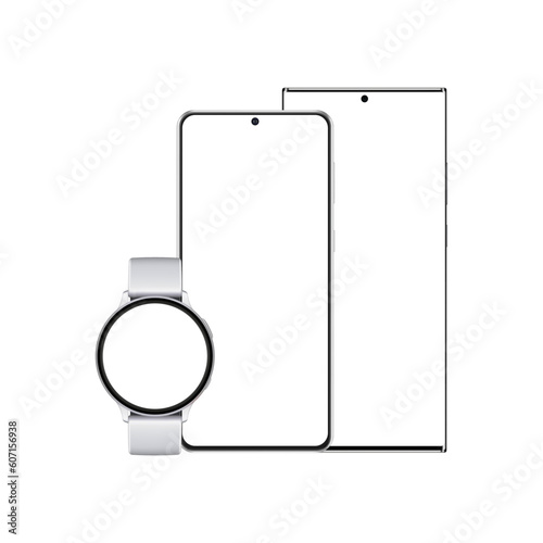 Set of Mobile Devices With Blank Screens - Frameless Smartphones and Wrist Watch. Vector Illustration