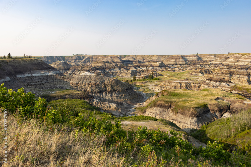 View of horseshoe canyon in Drumheller Alberta Canada with clear blue skies