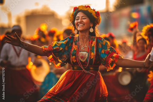 A woman in a colorful dress is dancing. Generative AI. Fiesta de la Tirana in Tarapaca, Chile. photo
