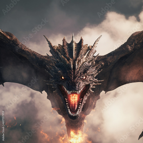 Photographie evil dragon flying spitting fire made with Generative Al