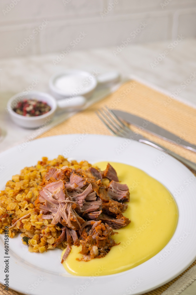 pulled meat with mashed potatoes and legumes pulled meat with mashed potatoes and legumes